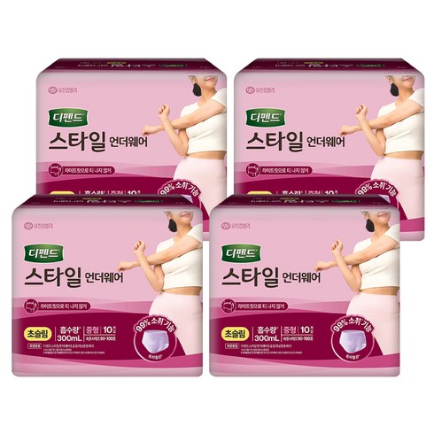 디펜드 여성용 스타일 팬티 언더웨어 라이트핏 초슬림 성인기저귀, 중형, 10개입, 4개