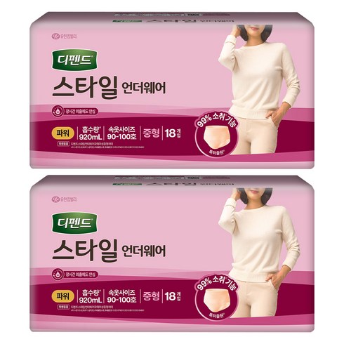디펜드 여성용 스타일 언더웨어 요실금 성인기저귀 파워, 중형, 18개입, 2개