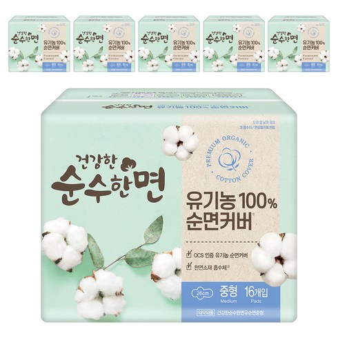 순수한면 건강한 생리대 날개형, 중형, 16개입, 6개