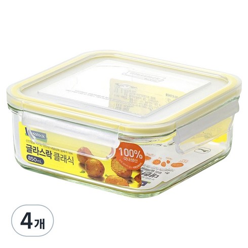 글라스락 클래식 옐로우에디션 정사각 밀폐용기, 4개, 850ml