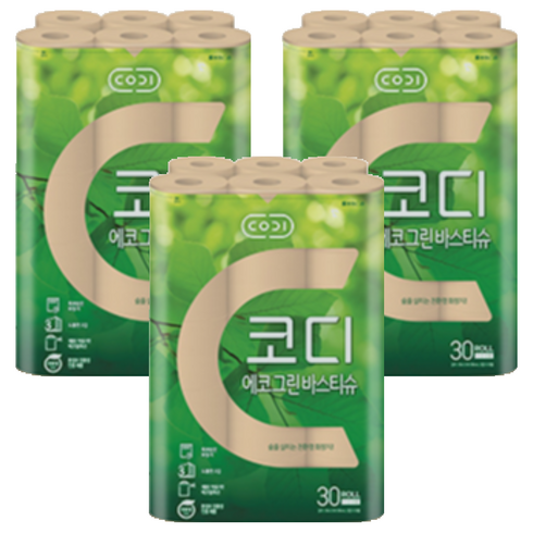 코디 3겹 에코그린 바스티슈 롤화장지, 30m, 30개입, 3개