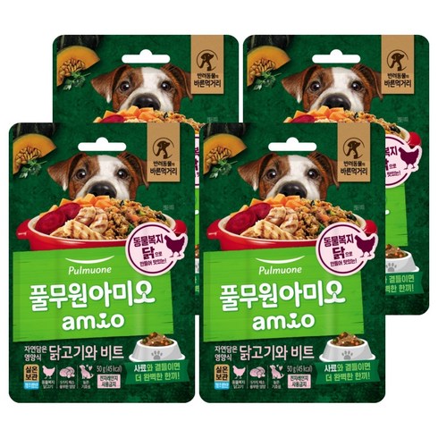 풀무원아미오 전연령 강아지 자연담은 영양식 습식사료, 닭, 50g, 4개