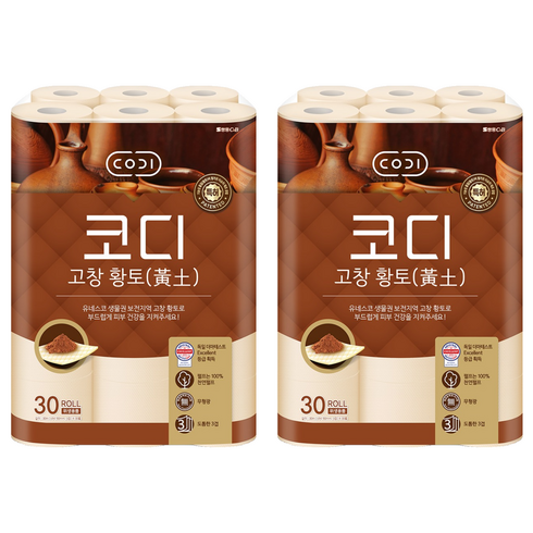 코디 천연펄프 3겹 고창 황토 롤화장지, 30m, 30개입, 2개