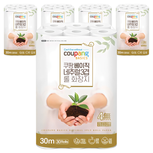 쿠팡베이직 네추럴 3겹 천연펄프 롤화장지 30m, 30개입, 5개