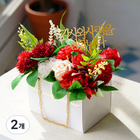 아스파시아 비누꽃 레이디언트 카네이션 선물 미니 가방 + 메세지픽 + 머니홀더 픽 + 쇼핑백 세트, 레드, 2개