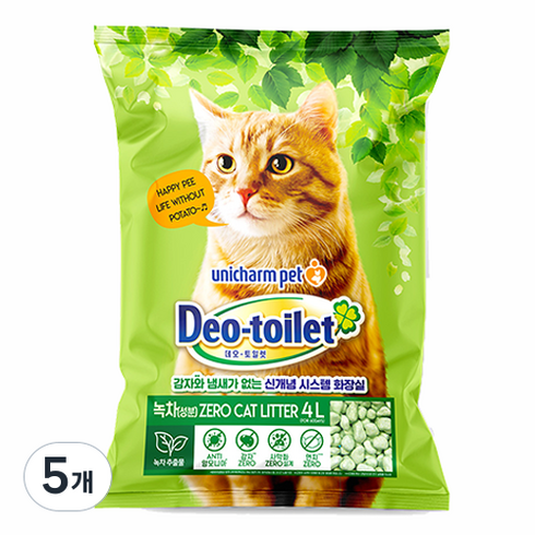 유니참데오토일렛 비응고형 감자 없는 Zero 고양이 모래, 4L, 5개, 녹차향