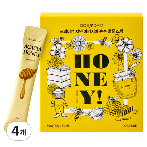 고은담 프리미엄 자연 아카시아 순수 벌꿀 스틱, 4개, 500g