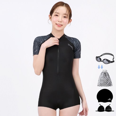 아쿠아티카 여성용 반팔 원피스 2부 수영복 + 일반용수경 6종세트
