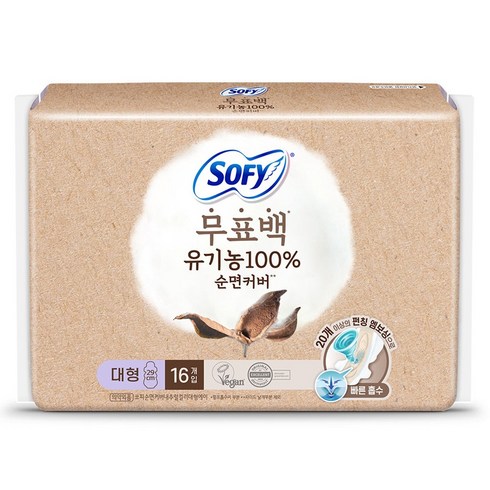 쏘피 순면커버 무표백 생리대 날개형, 대형, 16개입, 1개