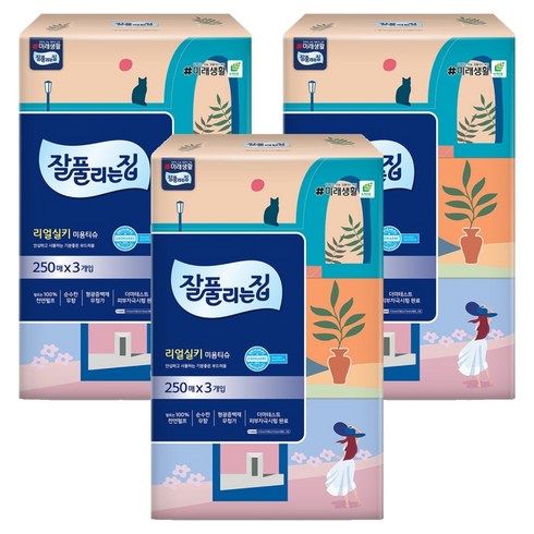 잘풀리는집 리얼실키 천연펄프 미용티슈 2겹, 250매입, 9개