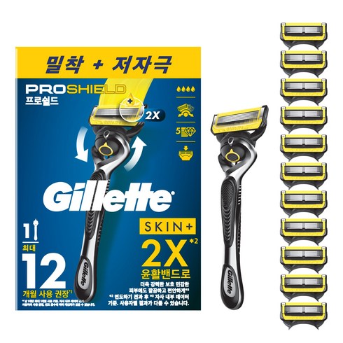 질레트 정품 프로쉴드 옐로우 매뉴얼 면도기 핸들1입 + 면도날12입, 1세트, 1세트