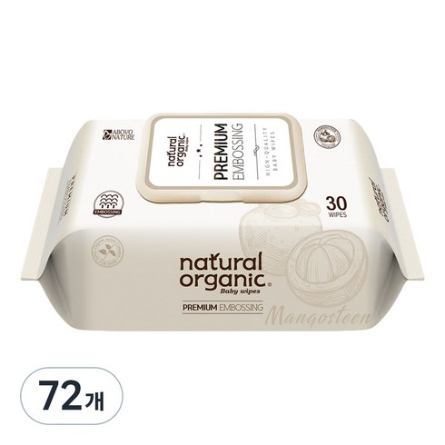 네츄럴오가닉 프리미엄 엠보싱 유아물티슈 휴대캡형, 70g, 30매, 72개