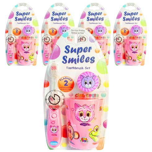 비브라이트 어린이용 LED 타이머칫솔 + 양치컵 + 칫솔모커버 핑키냐옹, 5세트