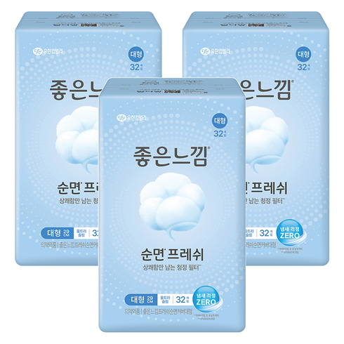 좋은느낌 프레쉬 순면 커버 생리대 날개형, 대형, 3개, 32개입