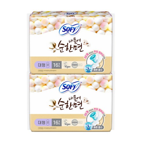 쏘피 내몸에순한면 생리대 날개형, 대형, 16개입, 2개