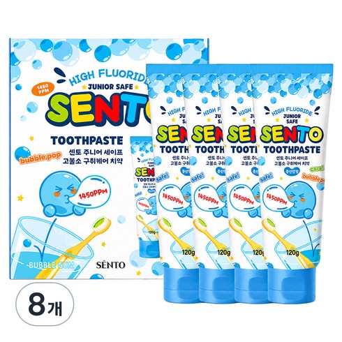 센토 주니어 세이프 고불소 구취케어 비건 어린이치약 풍선껌향, 120g, 8개