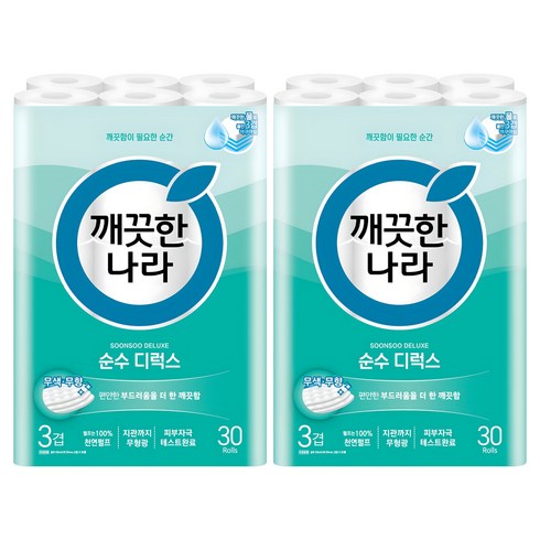 깨끗한나라 순수 디럭스 천연펄프 3겹 화장지, 30m, 30개입, 2개