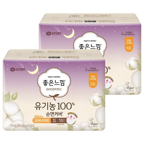 좋은느낌 유기농 순면 생리대 날개형, 오버나이트, 13개입, 2세트