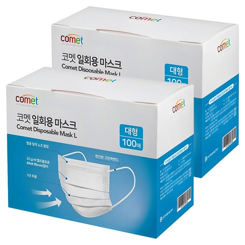 코멧 쉽게 뽑아쓰는 일회용 마스크 대형, 100개입, 2개, 화이트