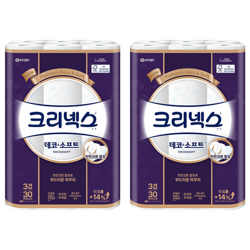 크리넥스 데코 앤 소프트 화장지 3겹, 27m, 30롤, 2개