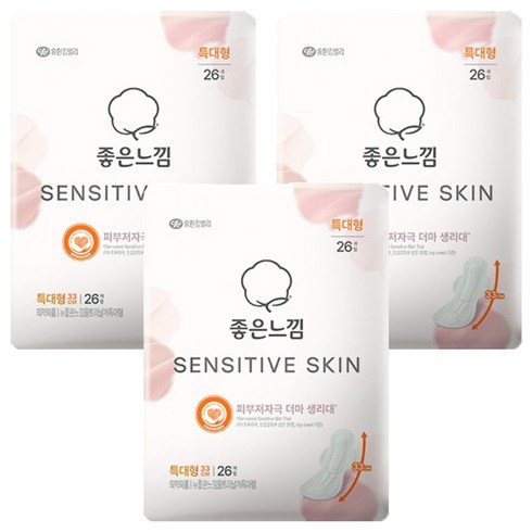 좋은느낌 센서티브 스킨 생리대 날개형, 특대형, 26개입, 3개