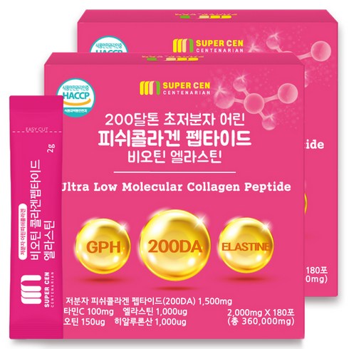 슈퍼쎈 200달톤 초저분자 어린피쉬콜라겐 펩타이드 비오틴 엘라스틴, 180회분, 2개