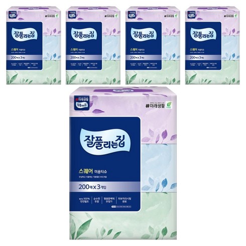 잘풀리는집 스퀘어 천연펄프 미용티슈 2겹, 15개, 200매