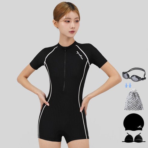 아쿠아티카 여성용 반팔 원피스 2부 수영복 AQA27515 + 일반용 수경 6종 세트
