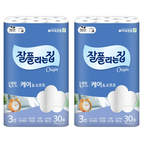 잘풀리는집 케어 앤 소프트 천연펄프 3겹 롤화장지, 27m, 30개입, 2개