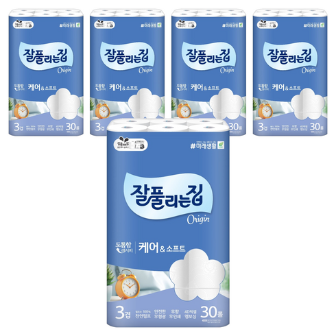 잘풀리는집 케어 앤 소프트 천연펄프 3겹 롤화장지, 27m, 30개입, 5개