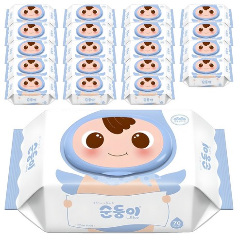 순둥이 오리지널 플러스 엘블루 아기물티슈 캡형, 75g, 70매, 20세트