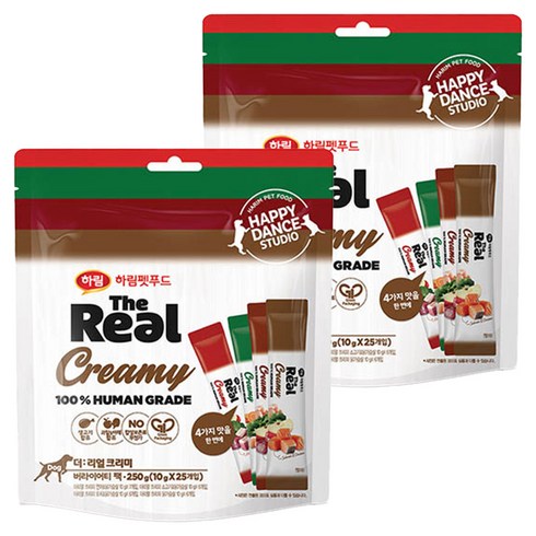 하림펫푸드 강아지 더리얼 크리미 파우치 버라이어티팩 10g x 25p, 혼합맛(연어/닭가슴살/오리/소고기), 250g, 2개