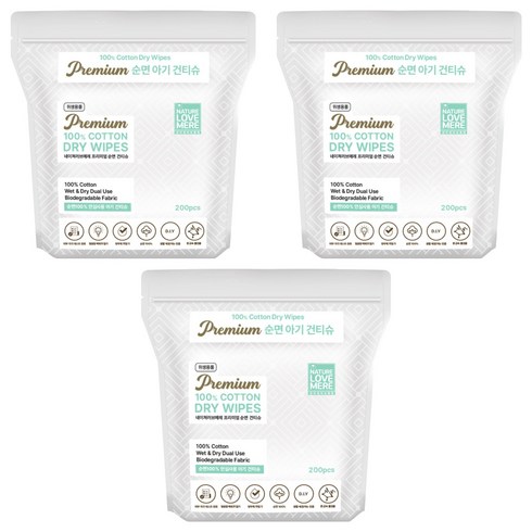 네이쳐러브메레 프리미엄 순면 아기 건티슈 리필형, 60g, 200매, 3개