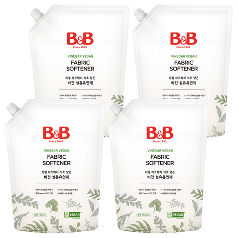 비앤비 유아 무향 비건 섬유유연제 리필형, 1.5L, 4개