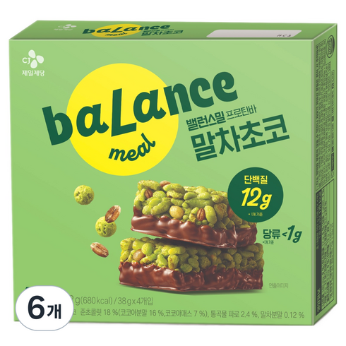 CJ제일제당 밸런스밀 저당 프로틴바 말차초코맛 4p, 152g, 6개