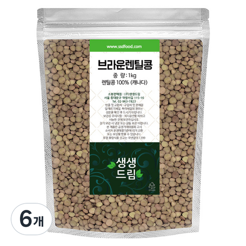 생생드림 브라운 렌틸콩, 1kg, 6개