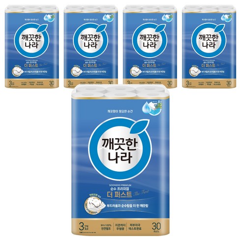 깨끗한나라 순수 프리미엄 더 퍼스트 천연펄프 3겹 고급롤화장지, 30m, 30개입, 5개