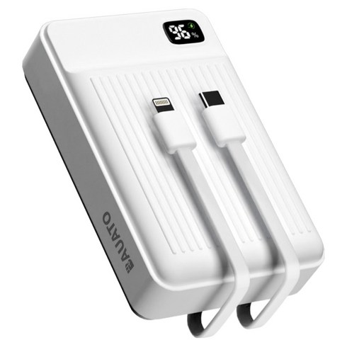 바우아토 포켓쉴 고속 입출력 케이블 일체형 미니 대용량 보조배터리 20000mAh C타입 애플8핀 PD 22.5W, 화이트