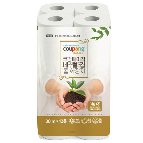 쿠팡베이직 네추럴 3겹 천연펄프 롤화장지 30m, 12개입, 1개