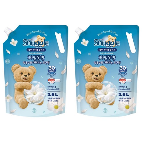 스너글 고농축 섬유유연제 블루 스파클 플러스 리필, 2.6L, 2개