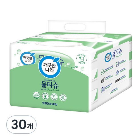 깨끗한나라 퓨어그린 물티슈 캡형, 60매, 30개