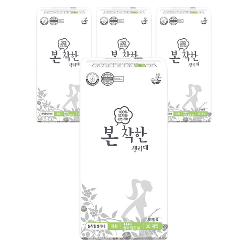 유기농본 착한 생리대 날개형, 대형, 28개입, 4개