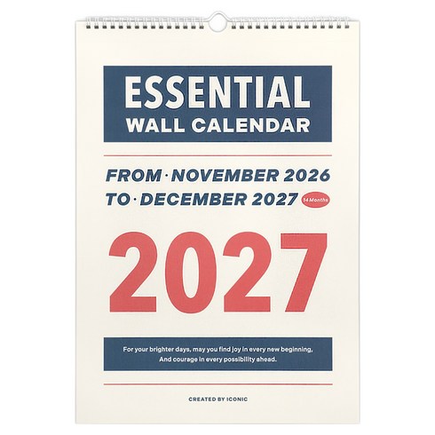 아이코닉 2027 에센셜 벽걸이달력 A3 월 캘린더, 혼합색상, 1개