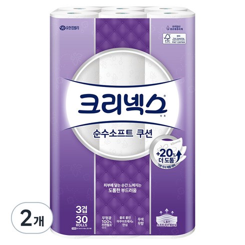 크리넥스 천연펄프 3겹 순수소프트 쿠션 화장지, 25m, 30롤, 2개