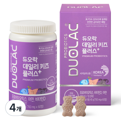 듀오락 데일리 키즈 플러스 유산균 45g, 60정, 4개