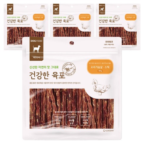 굿데이 강아지 건강한 육포, 오리가슴살 스틱, 300g, 4개