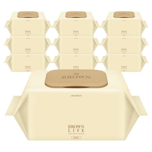 브라운라이프 베이지 도톰한 아기 물티슈 대용량 엠보싱 저자극 캡형, 50g, 100매, 10개
