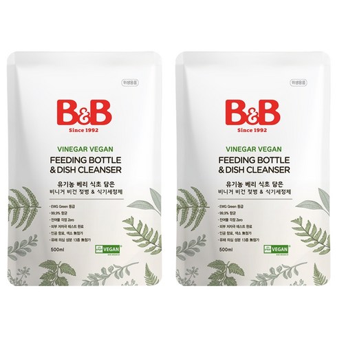 비앤비 비니거 비건 젖병 앤 식기세정제 리필, 2개, 500ml