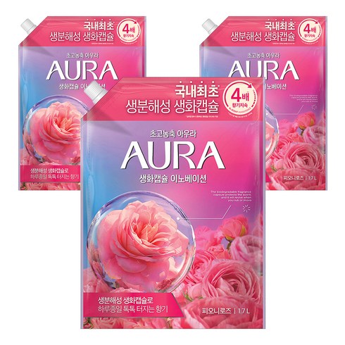 아우라 섬유유연제 피오니로즈향 리필, 1.7L, 1개입, 3개