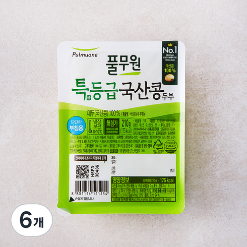 풀무원 국산콩두부 부침용, 210g, 6개